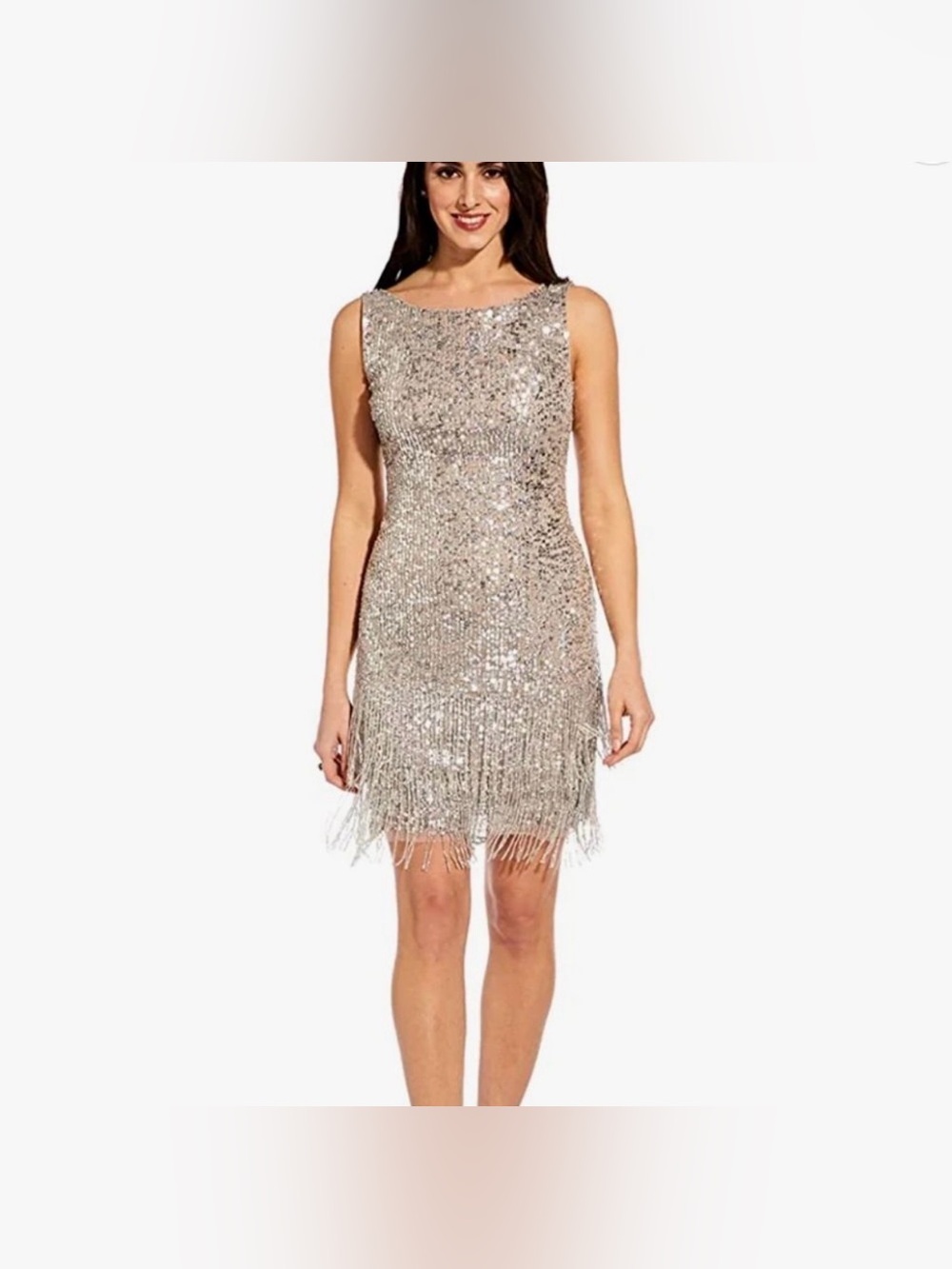 Adrianna Papell Silver Sequin Fringe Sleeveless Dress